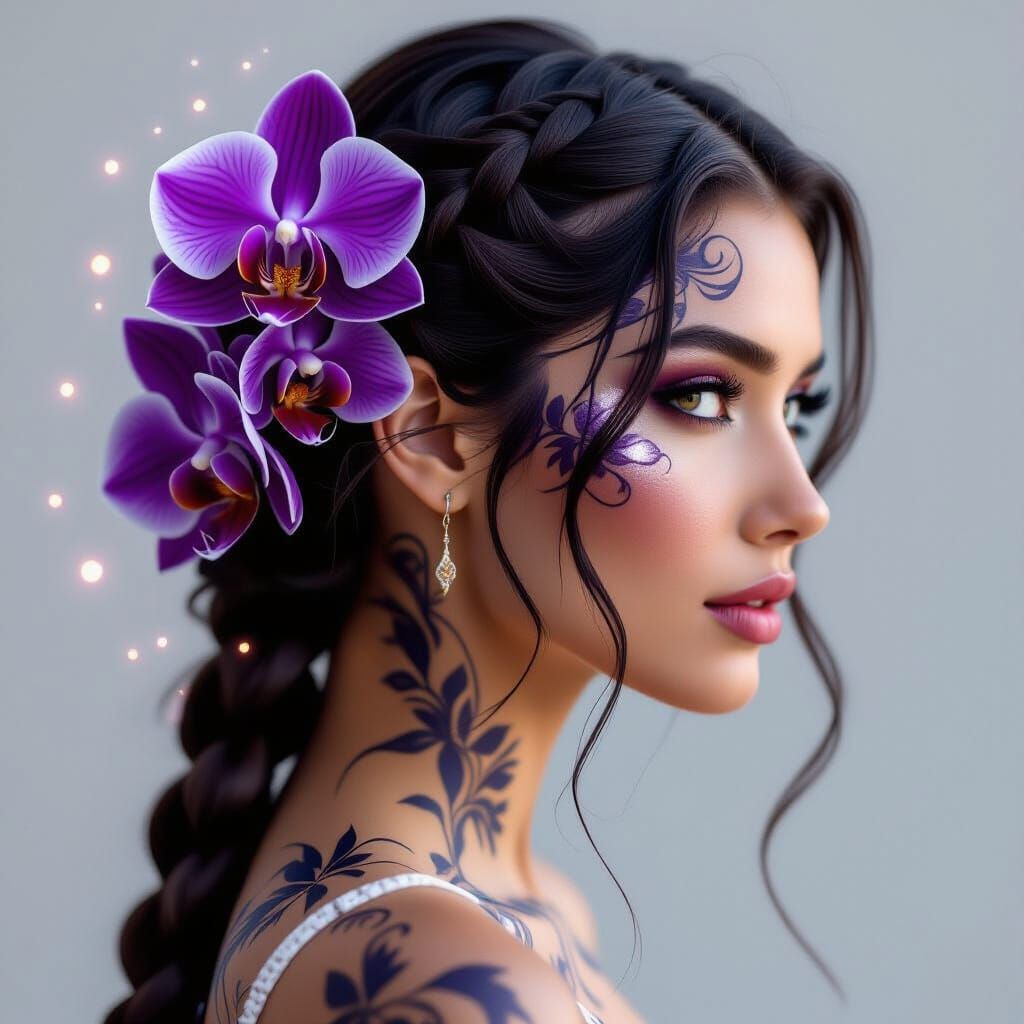 Orchid Tattoos on Woman's Temples and Neck
