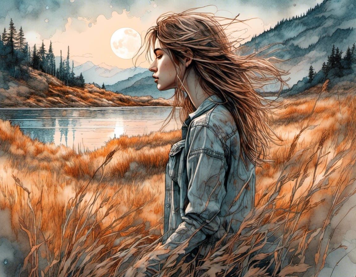 Hyperrealistic Woman Gazing at Moonlit Lake