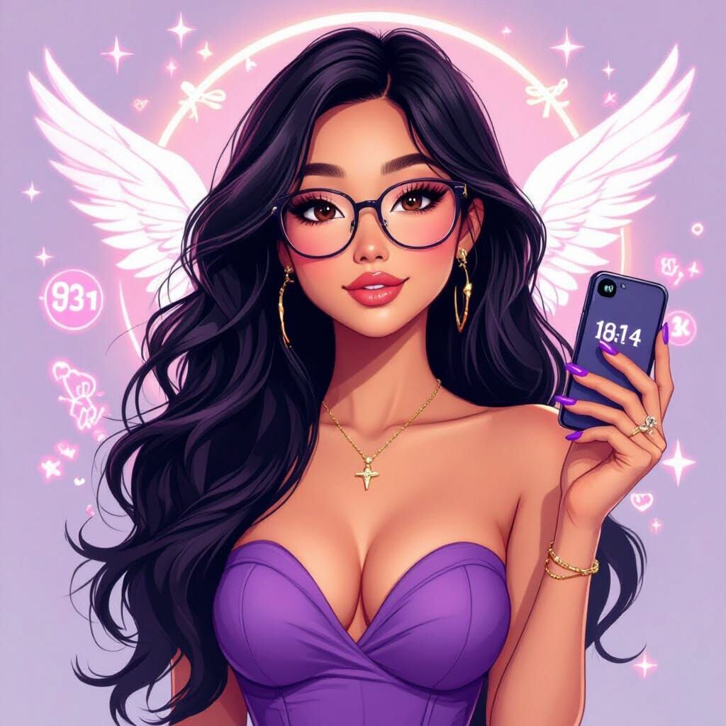 Dreamy Asian Woman with Angelic Patterns, Digital Art