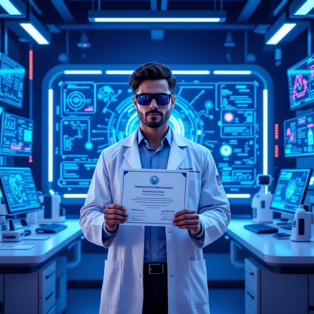 AI Scientist Holding Certificate in Futuristic Lab