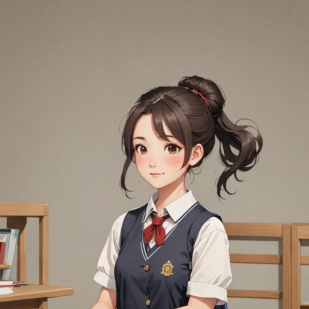 Cute Girl in School Dress with Animated Hair Bun