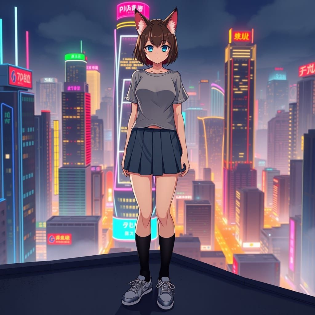 Serene Anime Girl Neko in Futuristic Metropolis