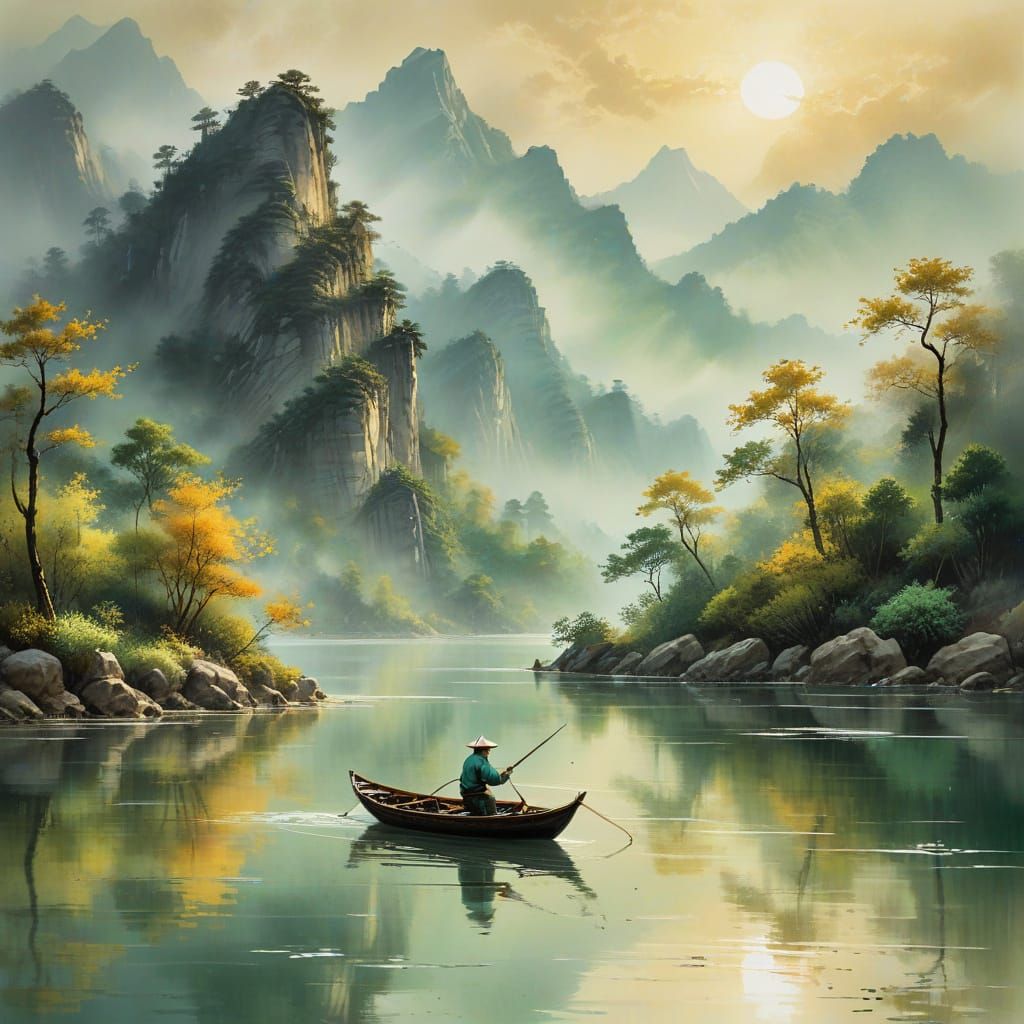 Serene Chinese Landscape with Fisherman