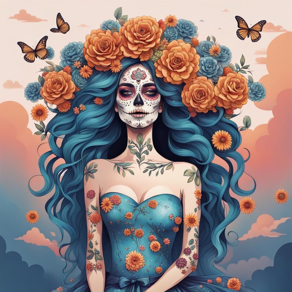 Lady with Sugar Skull Makeup in Sky Illustration