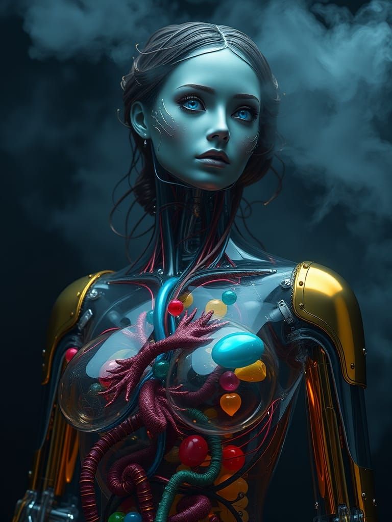 Dreamlike Android with Glass Body and Golden Panels