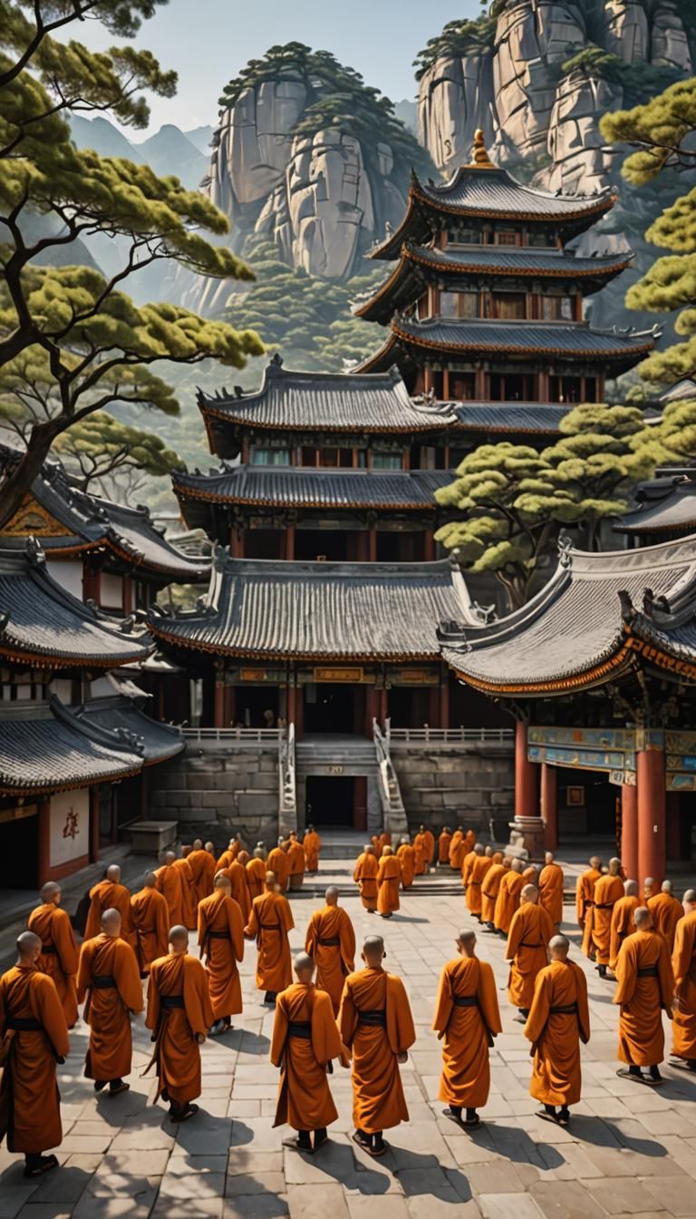 Hyperrealistic Buddhist Temple Landscape with Shaolin Monks