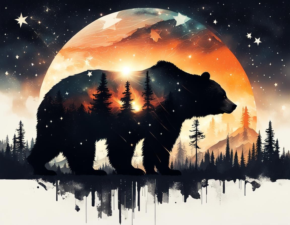 Sunset Forest Bear with Stars, Double Exposure Style