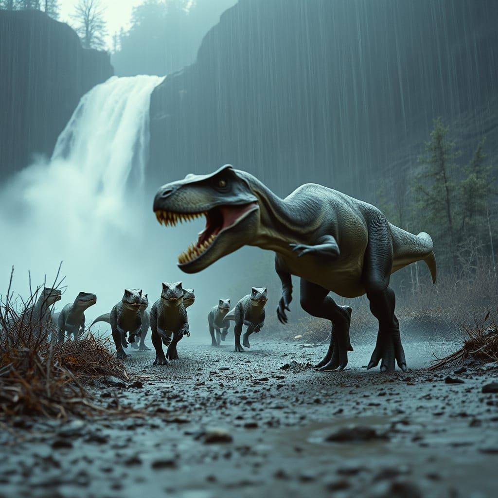 Dramatic Dinosaur Chase in Prehistoric Wasteland