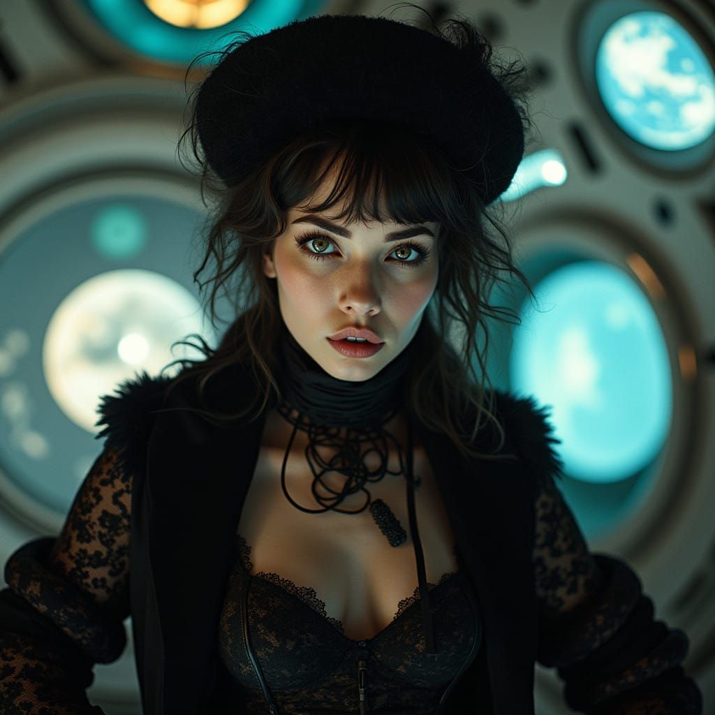 Ethereal Victorian Adventurer in Neon Planet Museum