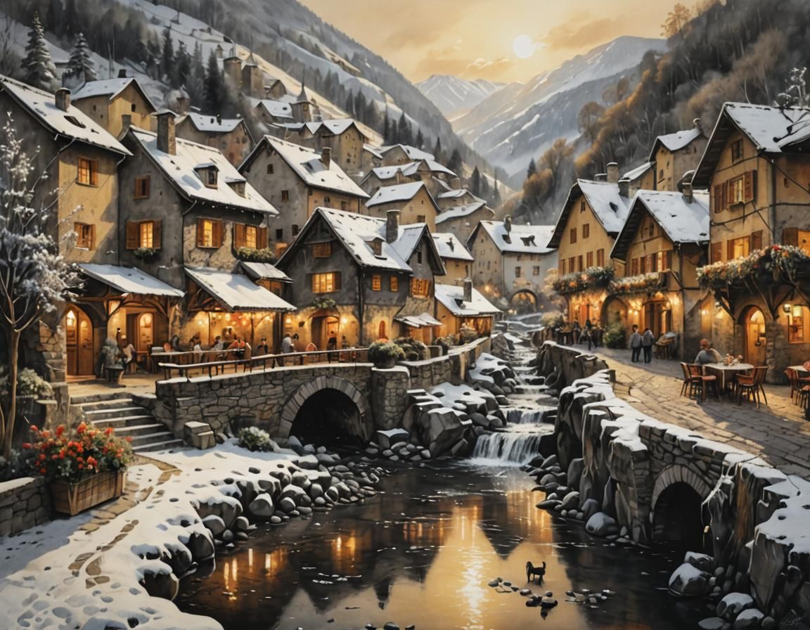 Italian Mountain Village in Charcoal Drawing