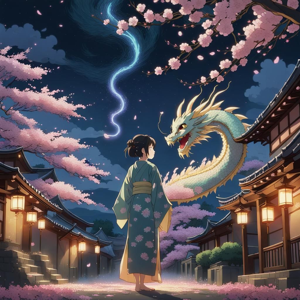 Golden Dragon and Girl in Kimono, Anime Style