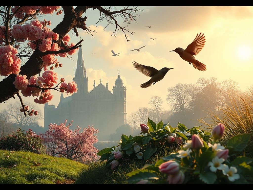 Frühling, Ostern, Blumen, schönes Wetter, die Bäume blühen, Kirschblüten, Vögel fliegen