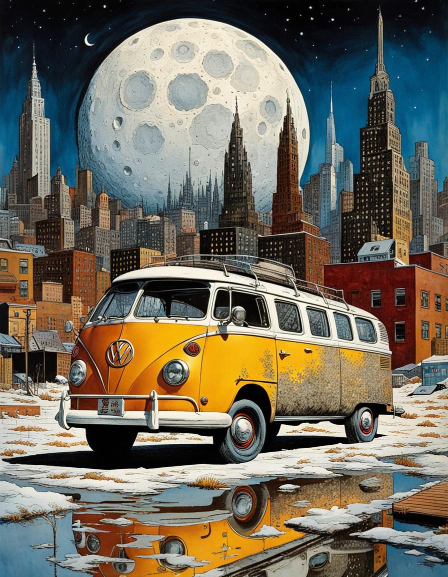 Volkswagen Combi on Moon City, Vintage Comic Style