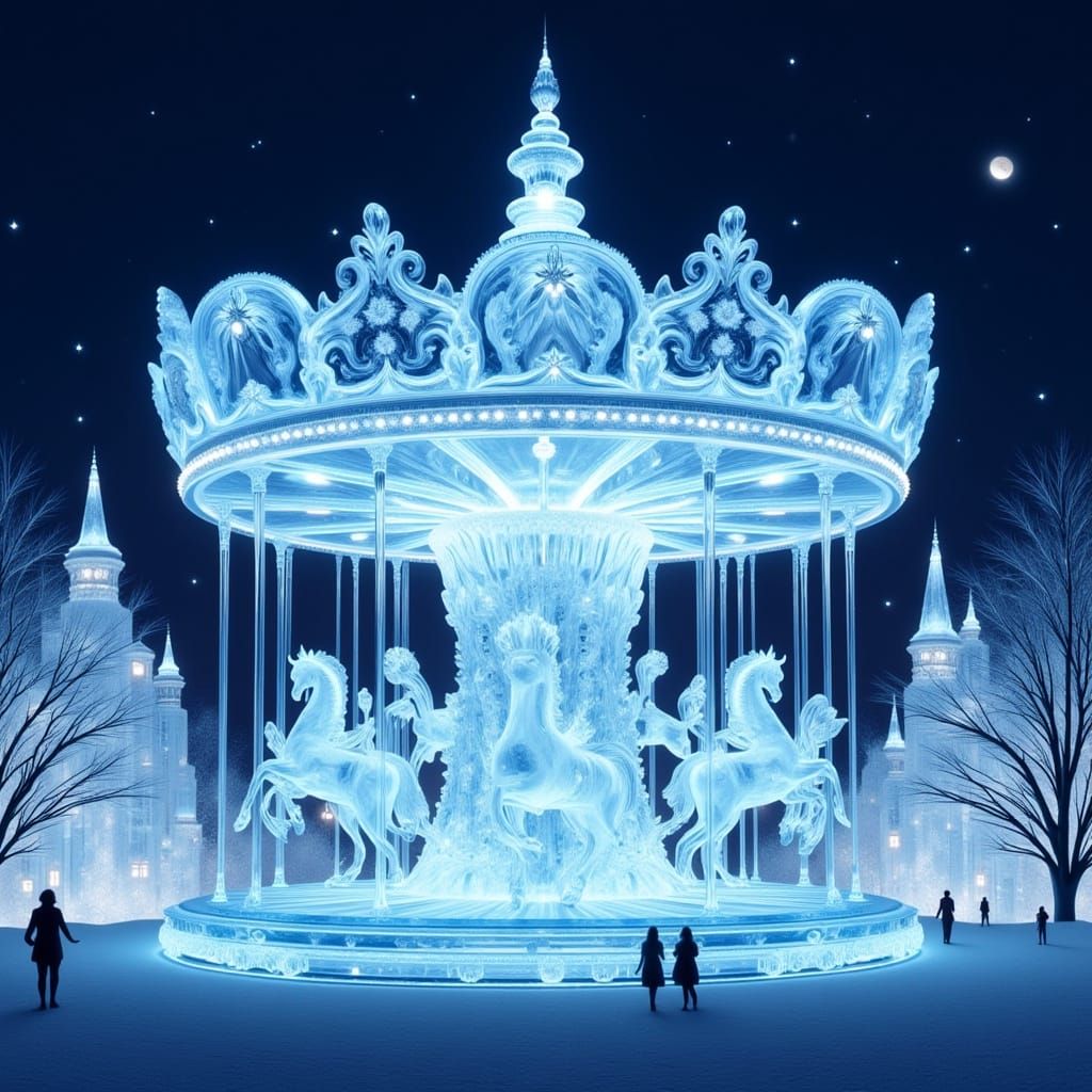 Majestic Ice Carousel in Snowy Night Landscape