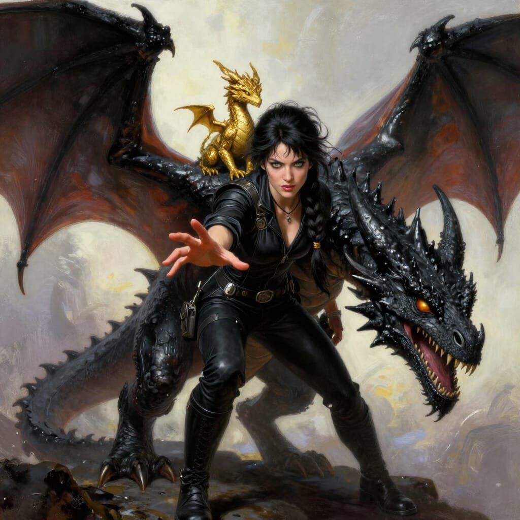 Epic Fantasy Art: Woman and Dragon in Dramatic Lighting