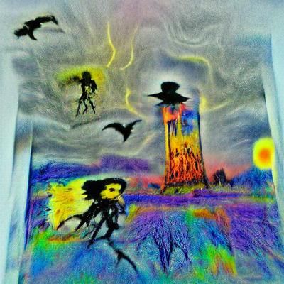 Dark Tower with Flying Witches in Fauvist Style