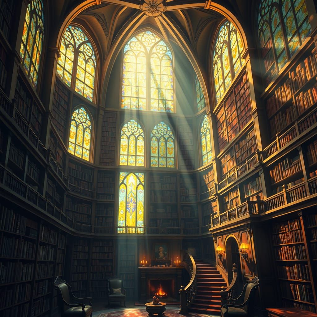 Majestic Library in Warm, Golden Light