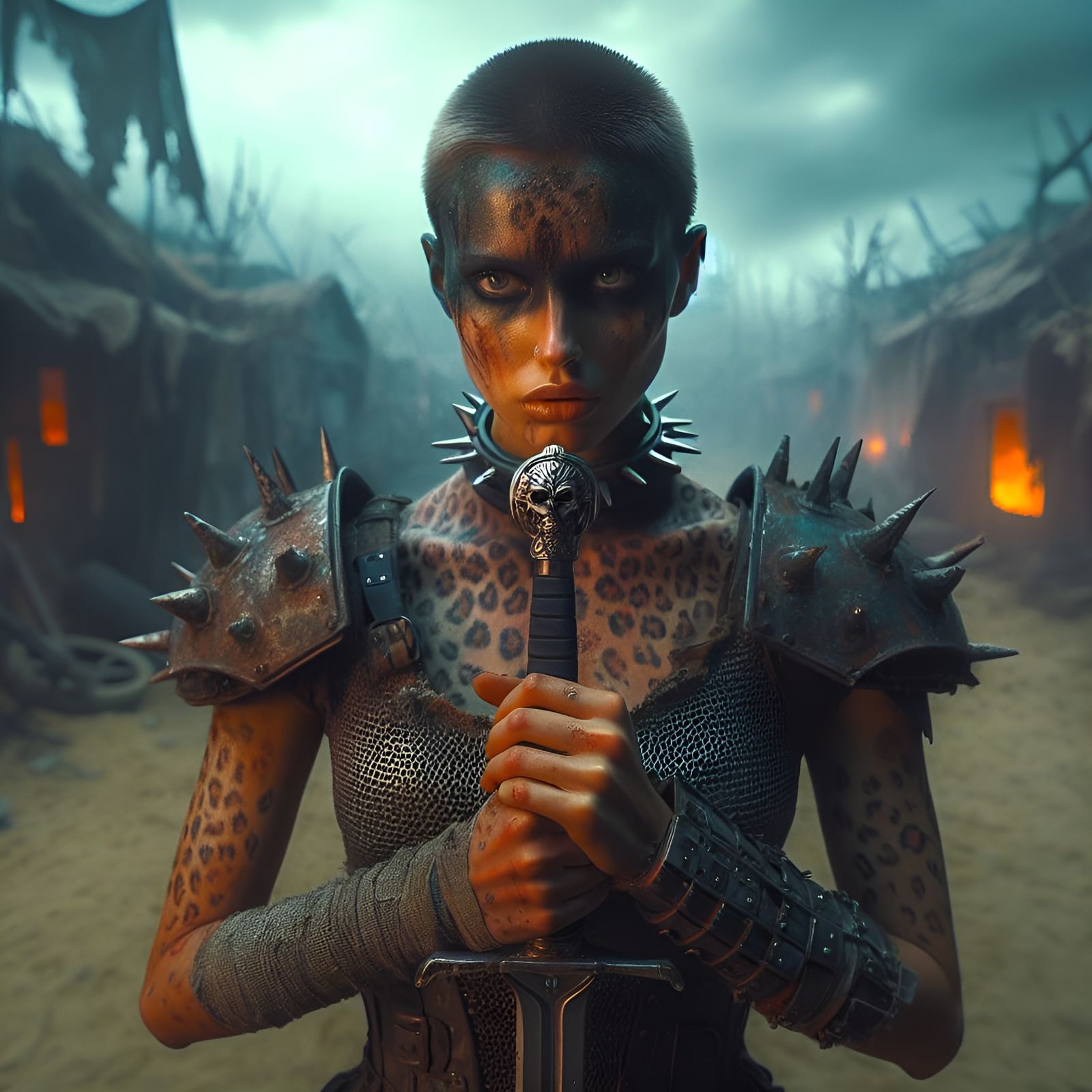 Fruit Witch in Dystopian Wasteland with Gothic Sword