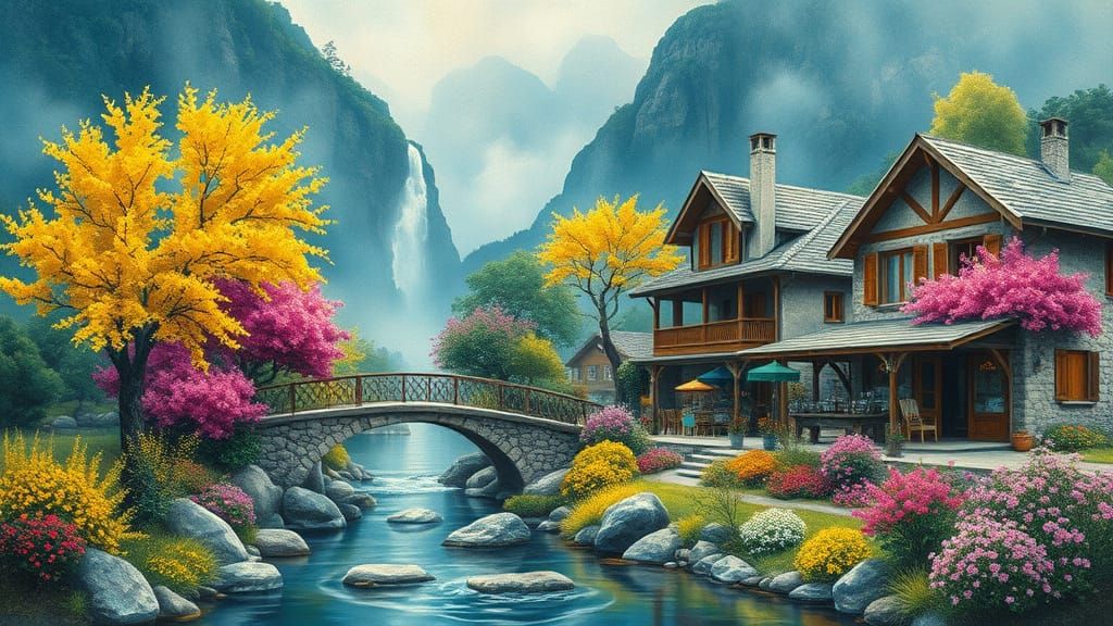 Charming Stone Resort in Vibrant Watercolor Style