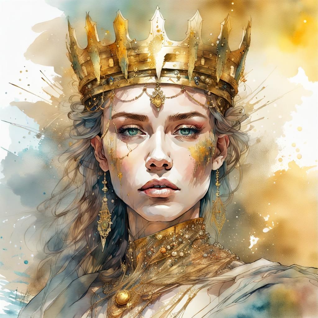 Golden Queen in Watercolor Fantasy Landscape