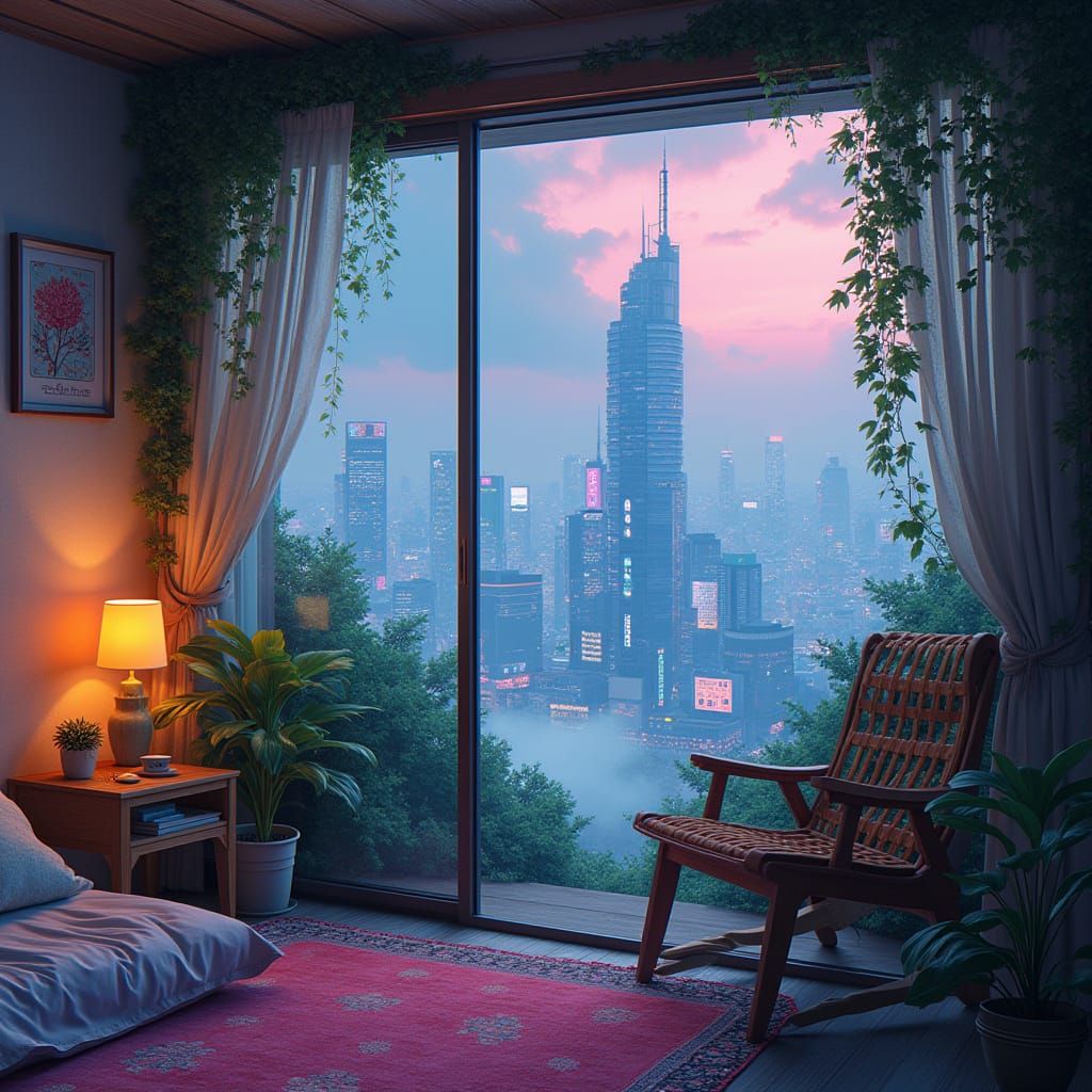Whimsical Futuristic Hideaway Overlooking Neon Cityscape