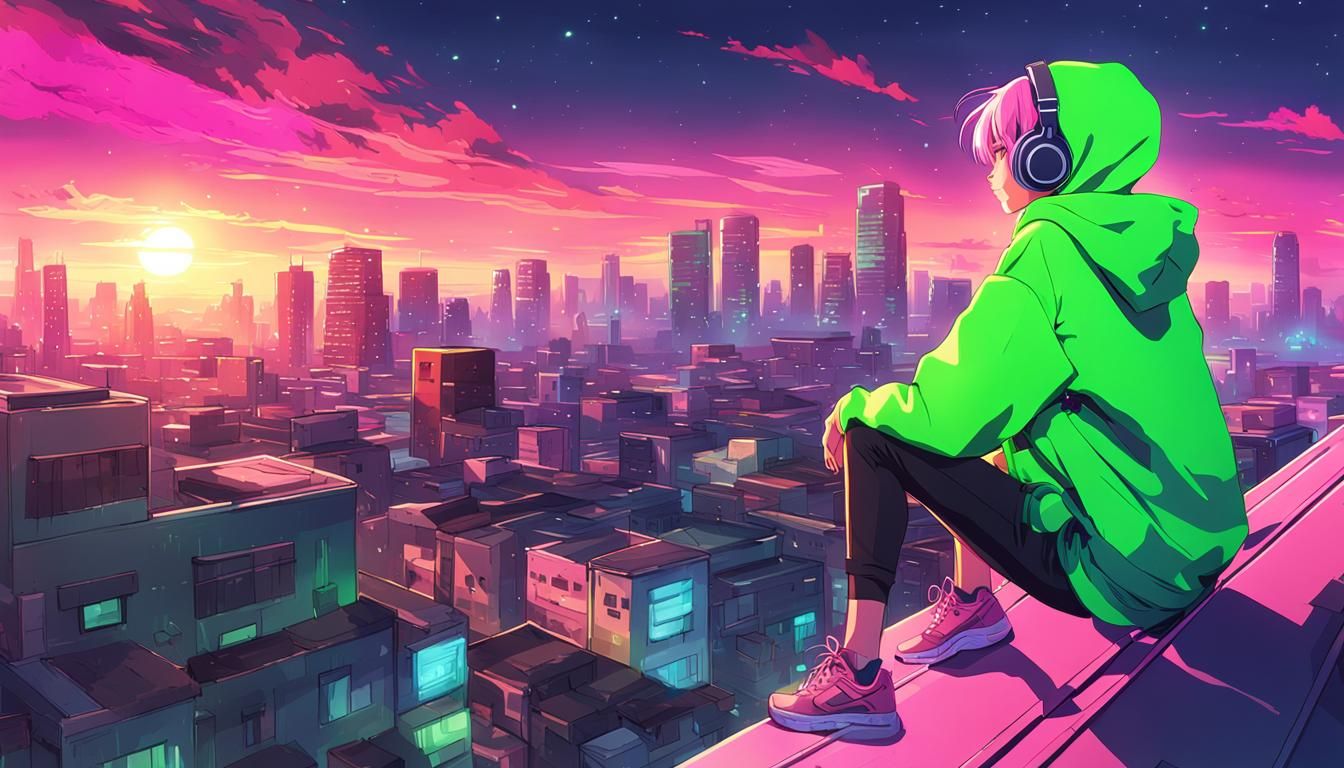 Anime Girl in Neon Cityscape with Pink Flare