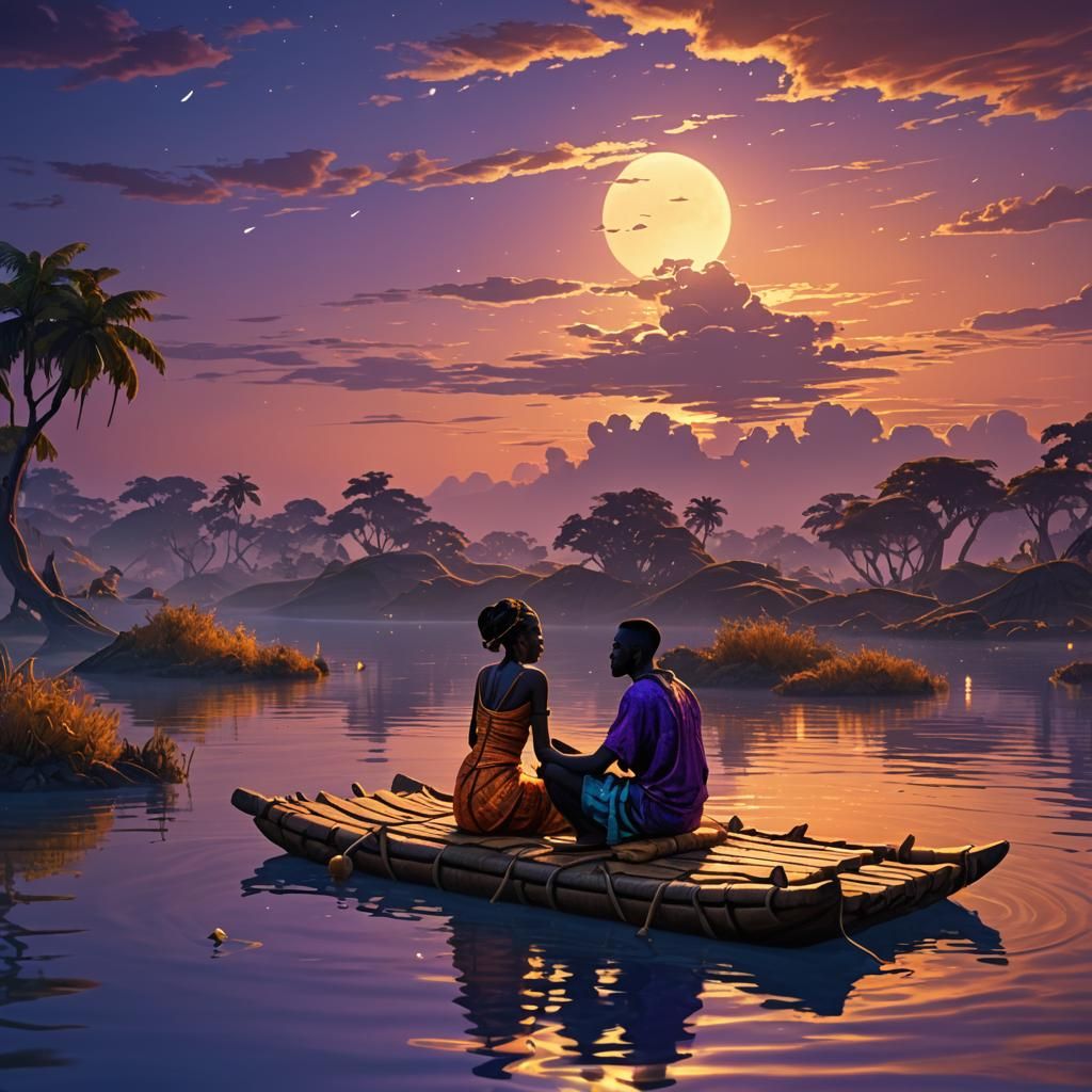 Cartoon Couple on Raft at Sunset: Digital Matte Painting