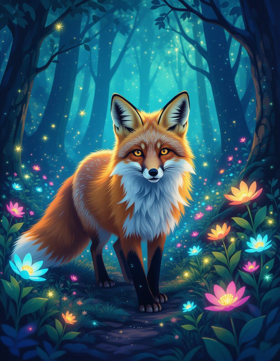 Magical glowing fox forest