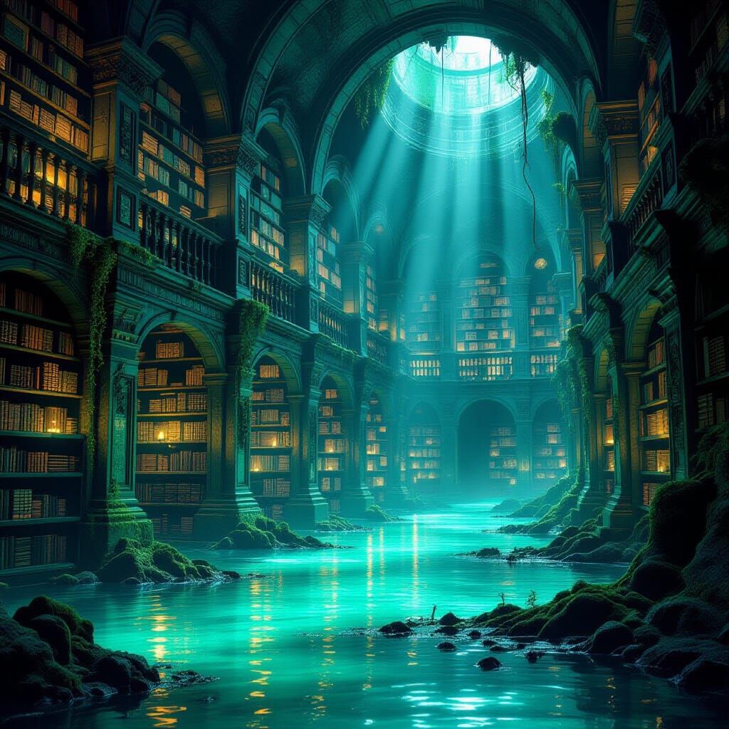 Ancient Library Submerged in Bioluminescent Swamp