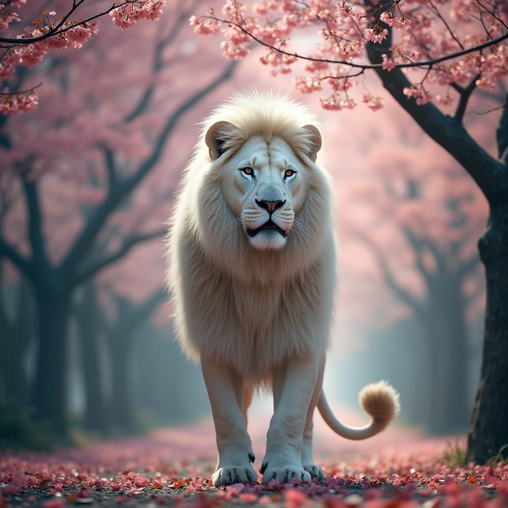 Regal White Lion Amidst Cherry Blossom Storm