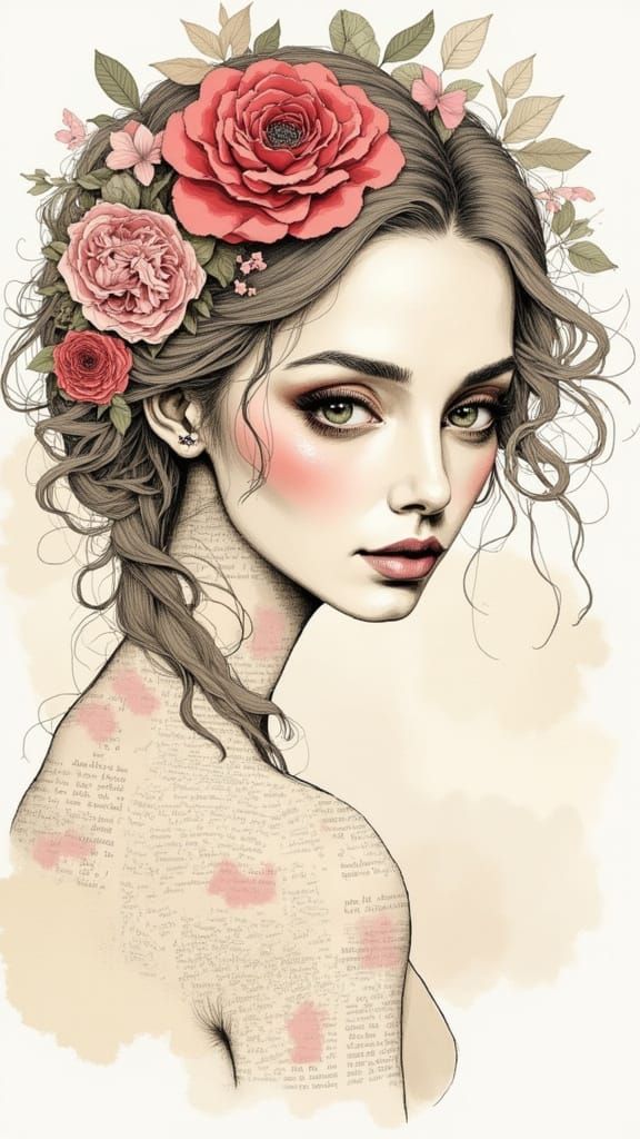 Elegant Woman in Fashion Illustration Style with Floral Hair...