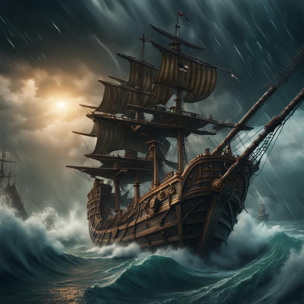 Pirate Ship in Storm: Detailed Matte Painting