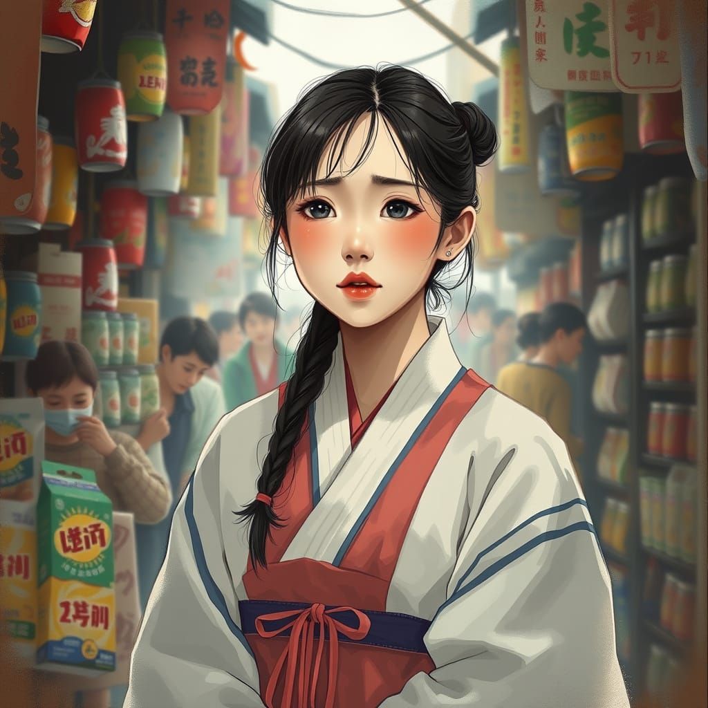 Woman Cries in Korean Market, Fantasy Art