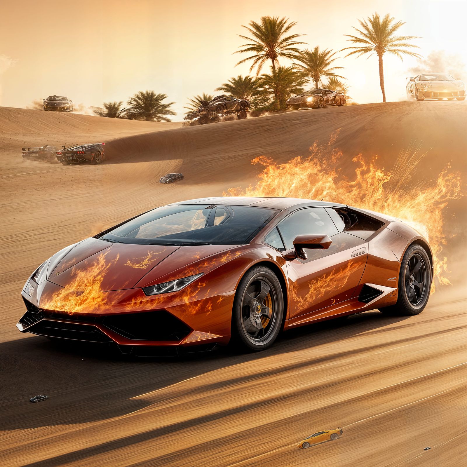 Racing Lamborghini in Fiery Desert Landscape