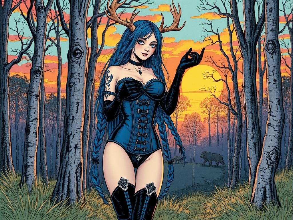 Woman with Antlers in Wooded Glade Illustration