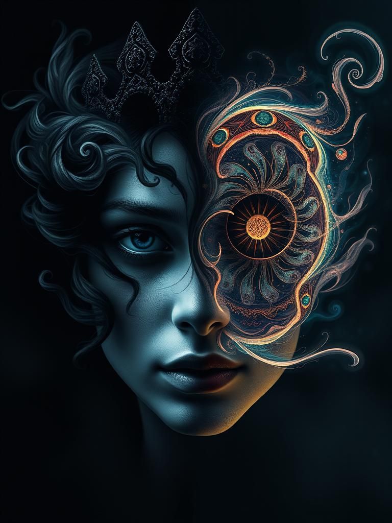 Mystical Woman's Face with Duality in Surreal Style
