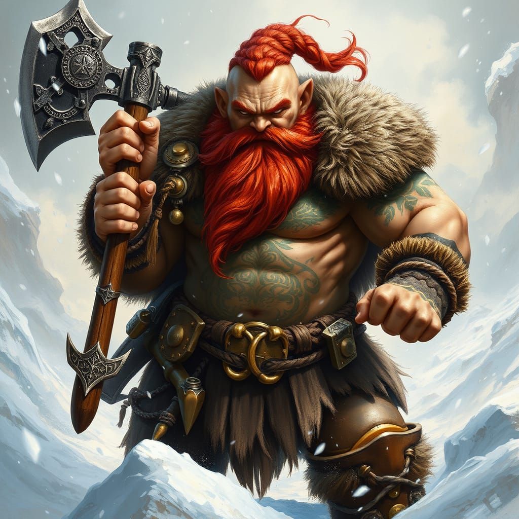 A formidable dwarf warrior stands defiantly amidst a raging ...