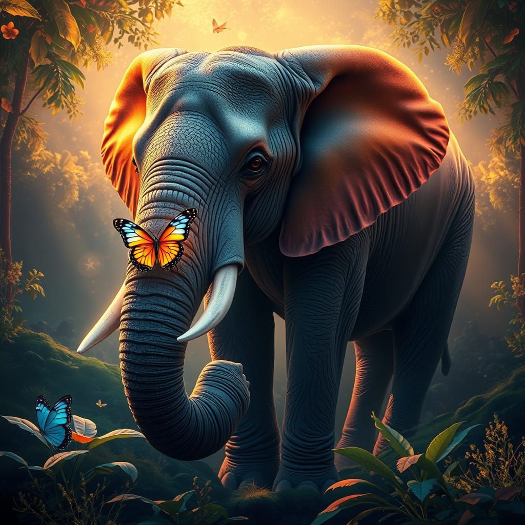 Glowing Elephant Cradles Majestic Butterfly in Dreamlike Lan...