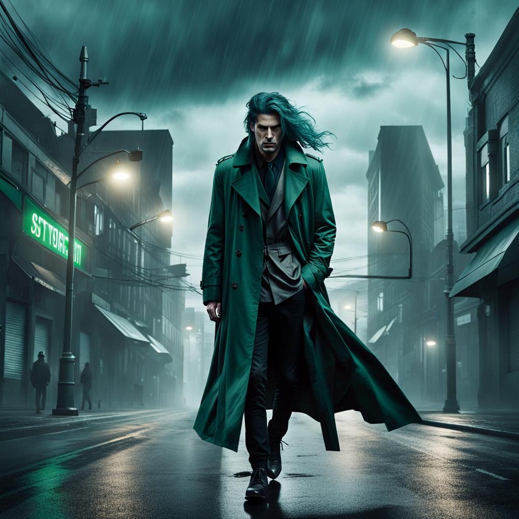 Frustrated Man in Trench Coat on Ominous Street