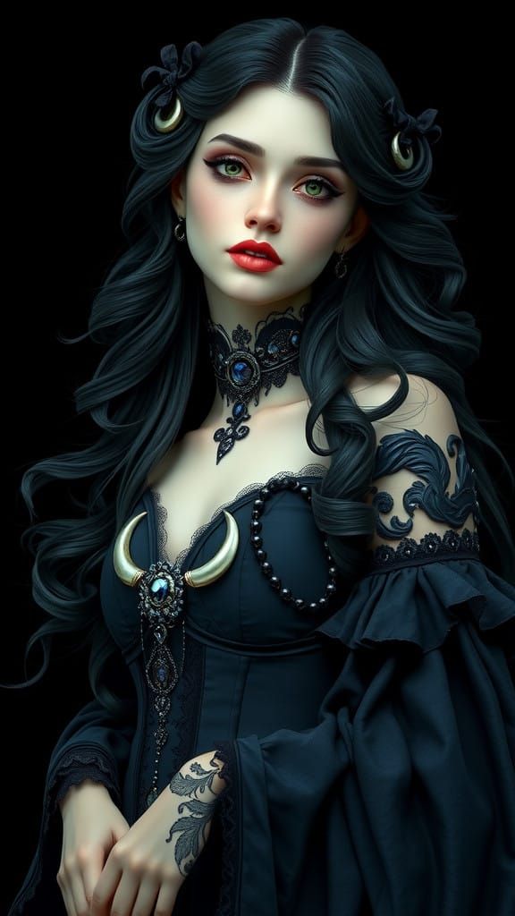 Ethereal Moon Maiden in Gothic Attire with Crescent Moon Mot...