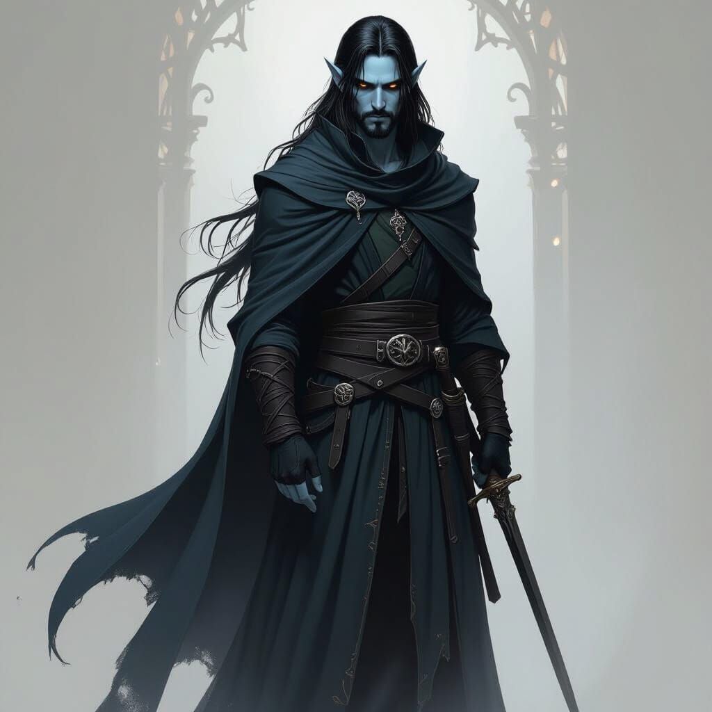 Mysterious Drow Rogue Warlock with Light Blue Skin