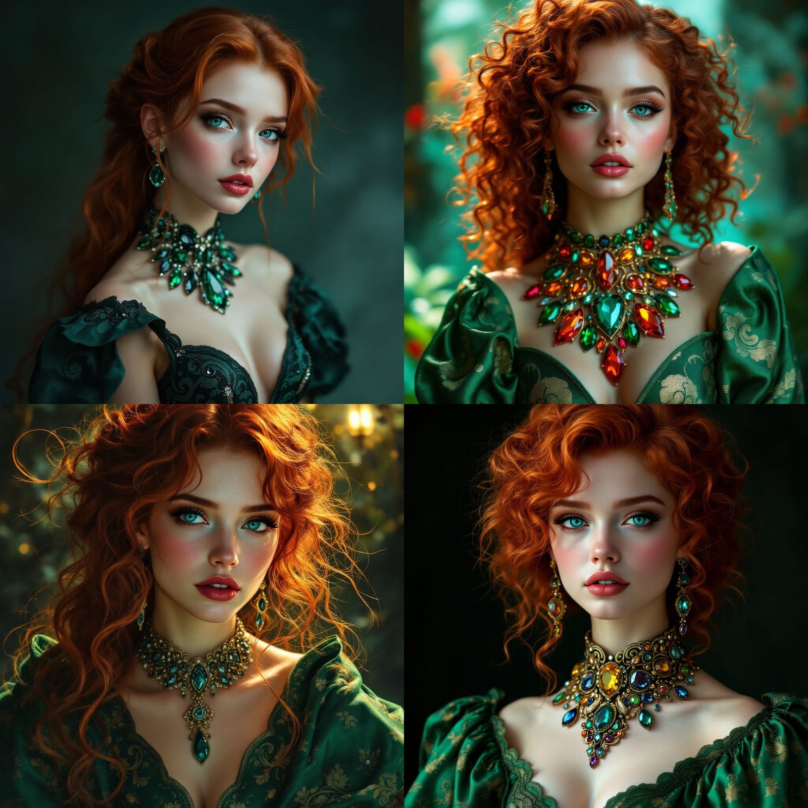 Vibrant Portrait of Woman in Brocade Gown, Art Nouveau Style