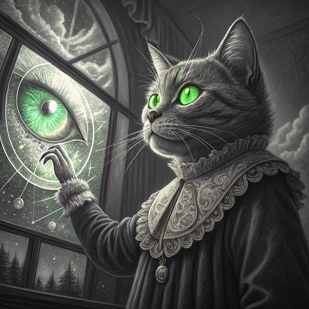 Mysterious Cat with Glowing Eye in Mesmerizing Black and Whi...