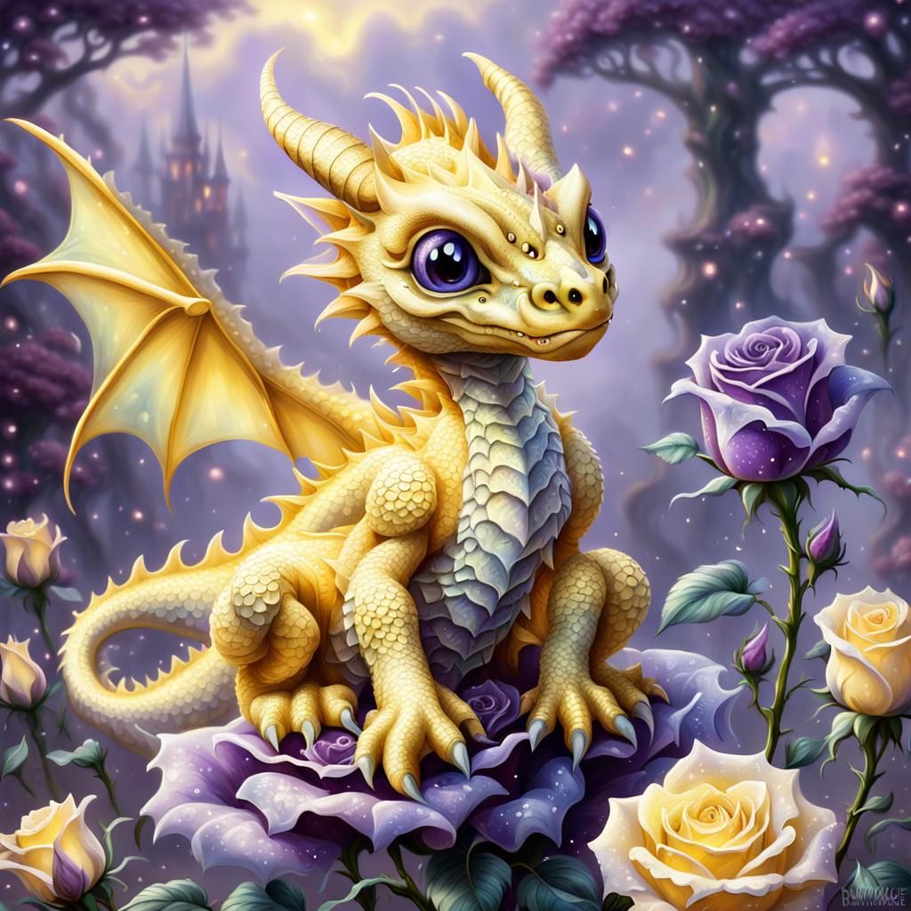 Cute Yellow Dragon on Purple Rose in Ethereal Style