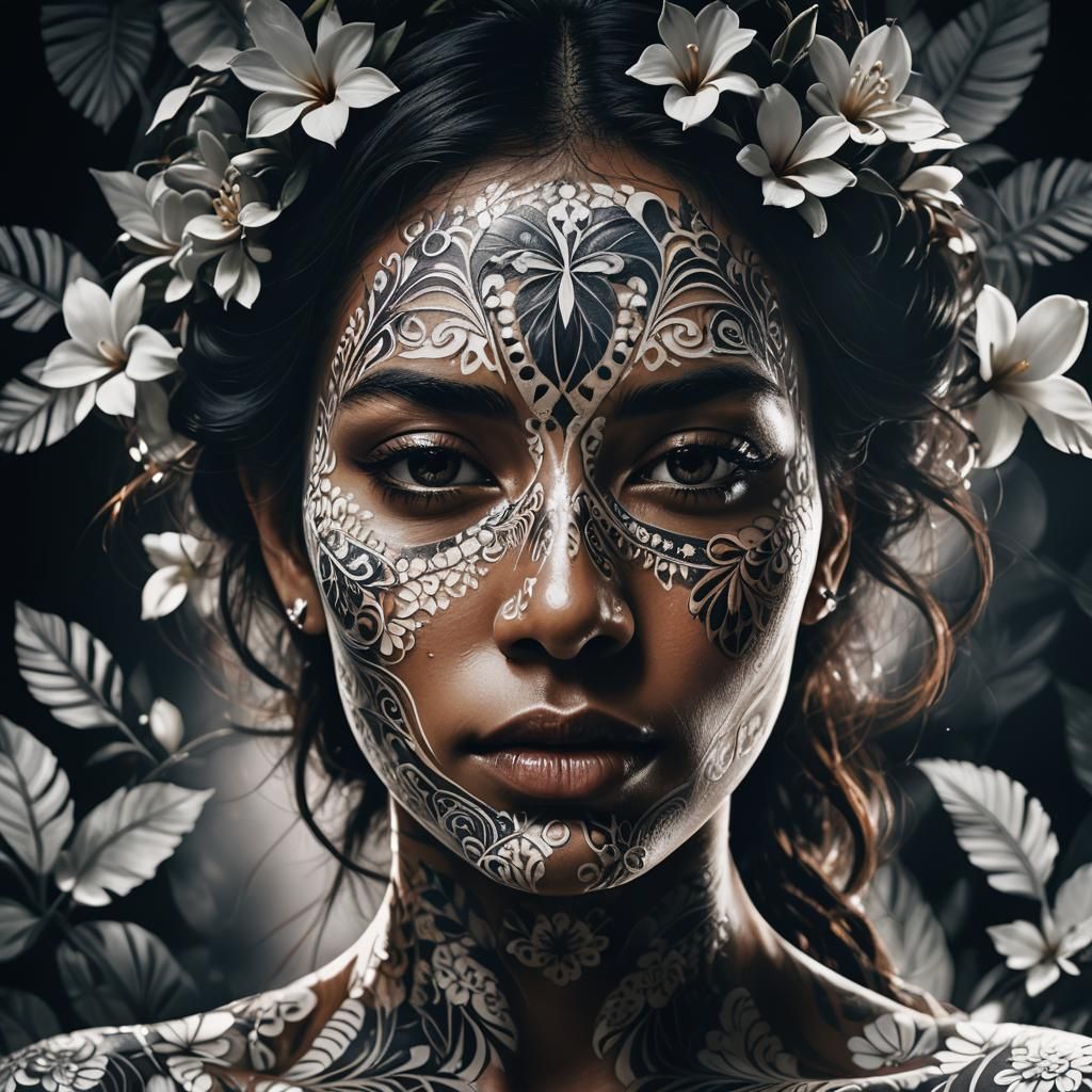 Woman's Face in Shadow Floral Body Art