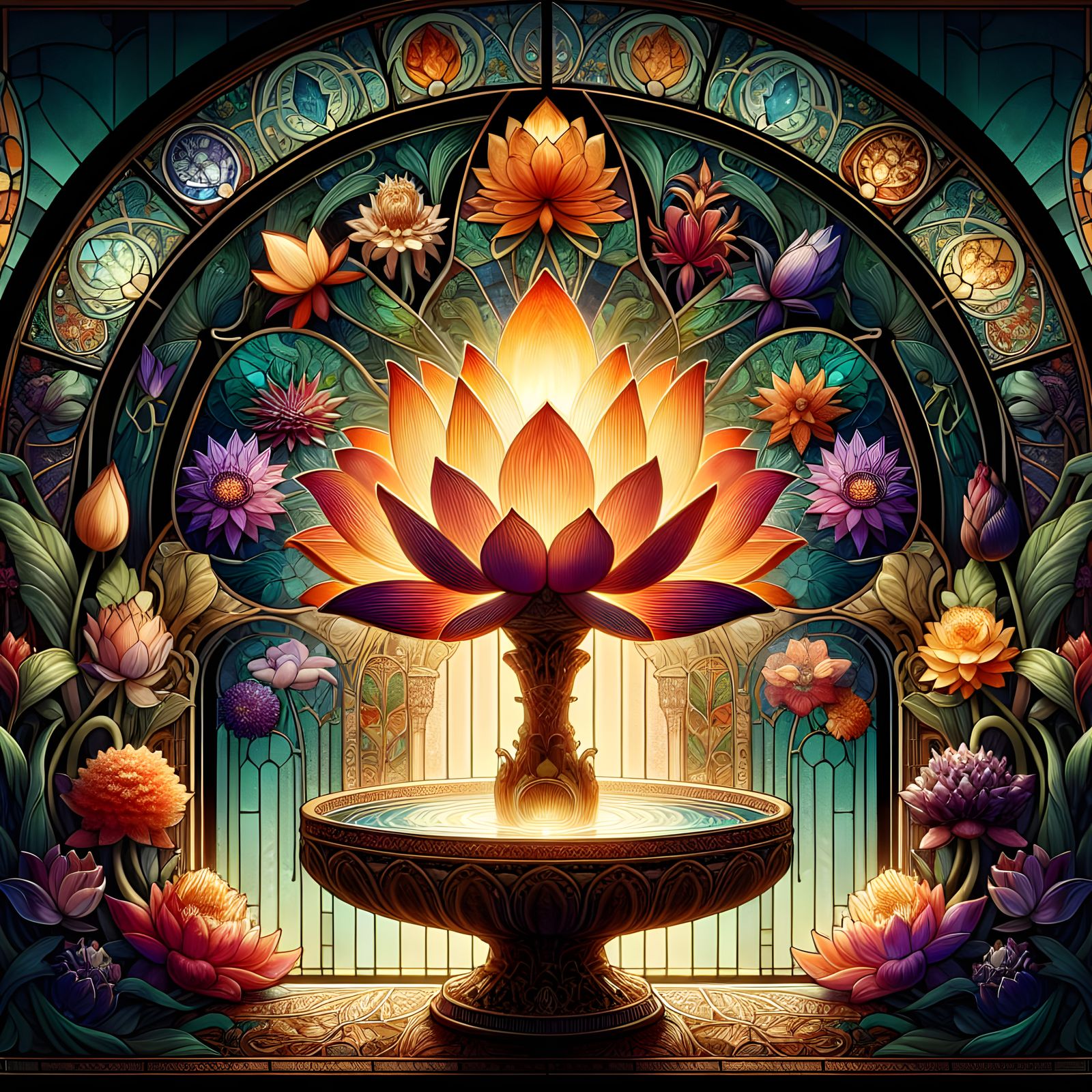 Art Nouveau Stained Glass Lotus Flower Illustration
