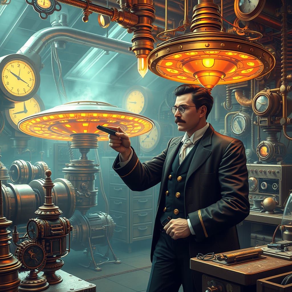 Steampunk UFO Construction in Tesla Lab, Anime Art