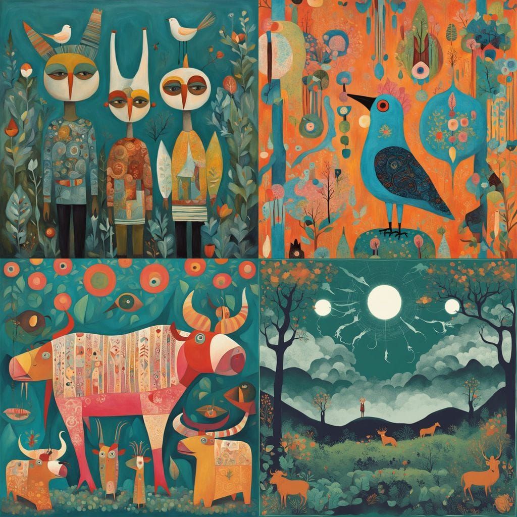 Primitive Scandinavian Art Figures in Exaggerated Colors