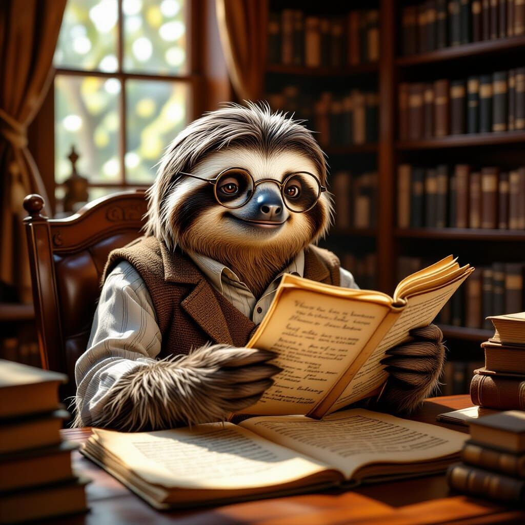 Sloth Scholar Studying Ancient Scrolls in Cozy Library