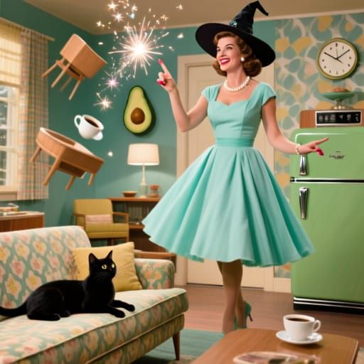 Glamorous 1960s Witch Casting Spells in Atomic Age Living Ro...